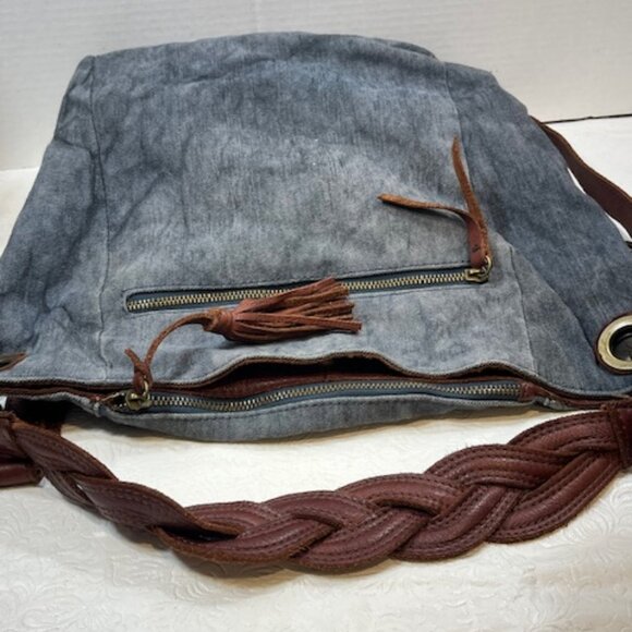Lucky Brand BOHO Large Distressed Braided Leather Strap Blue Tote Shoulder Bag - Picture 6 of 16